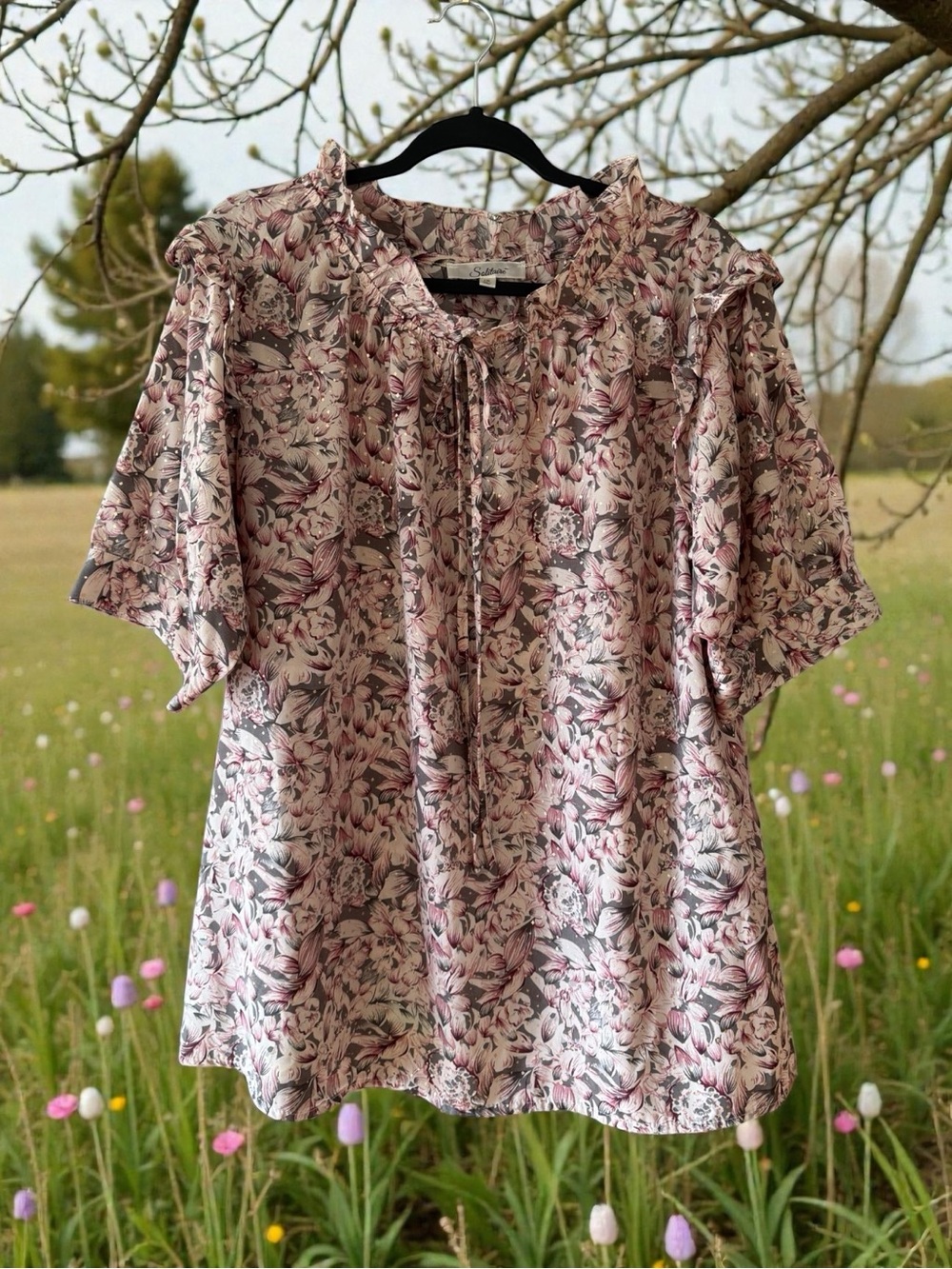Solitaire Soft Tones Blush/Pink/Green Floral Print Top with Metallic Gold Dots
